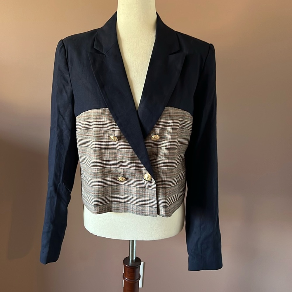 Jason Wu Navy and Brown Plaid Cropped Blazer